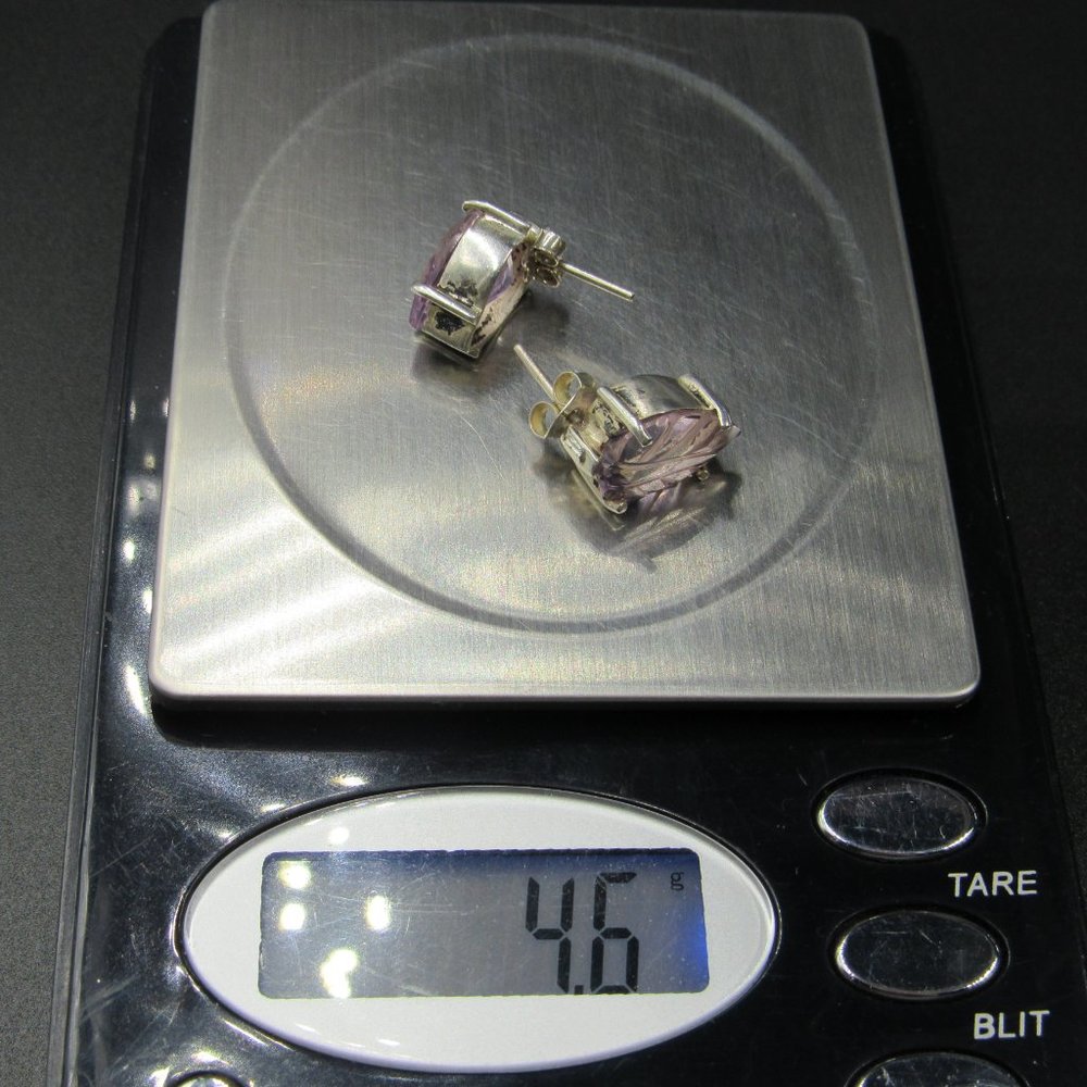 Sterling Silver Carved Leaf Amethyst Rustic Stud Earrings Vintage - Picture 7 of 7